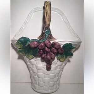 Valli Ceramiche Italy Ceramic Large Majolica Basketweave Grapes Wall Pocket